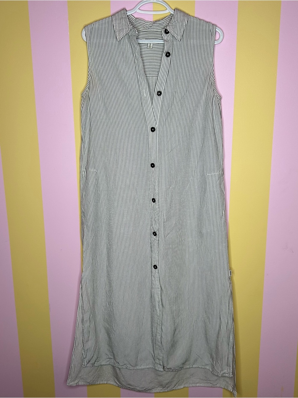 Black and white striped button down dress